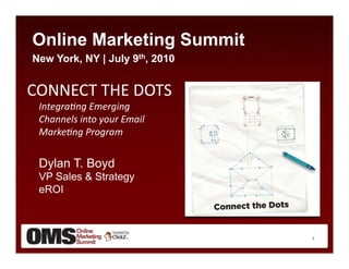 Online Marketing Summit
New York, NY | July 9th, 2010


CONNECT	
  THE	
  DOTS	
  
  Integra(ng	
  Emerging	
  	
  
  Channels	
  into	
  your	
  Email	
  
  Marke(ng	
  Program


  Dylan T. Boyd
  VP Sales & Strategy
  eROI



                                          1
 
