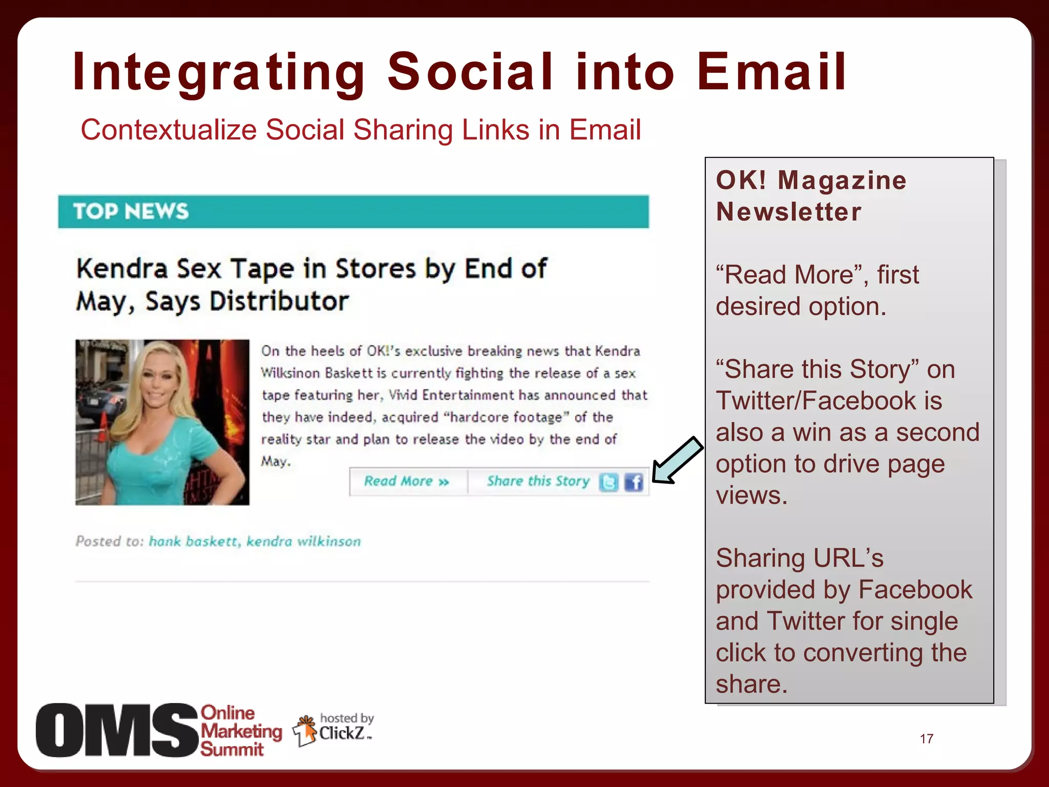 Integrating Social into Email Contextualize Social Sharing Links in Email OK! Magazine Newsletter “ Read More”, first desired option. “ Share this Story” on Twitter/Facebook is also a win as a second option to drive page views. Sharing URL’s provided by Facebook and Twitter for single click to converting the share. 