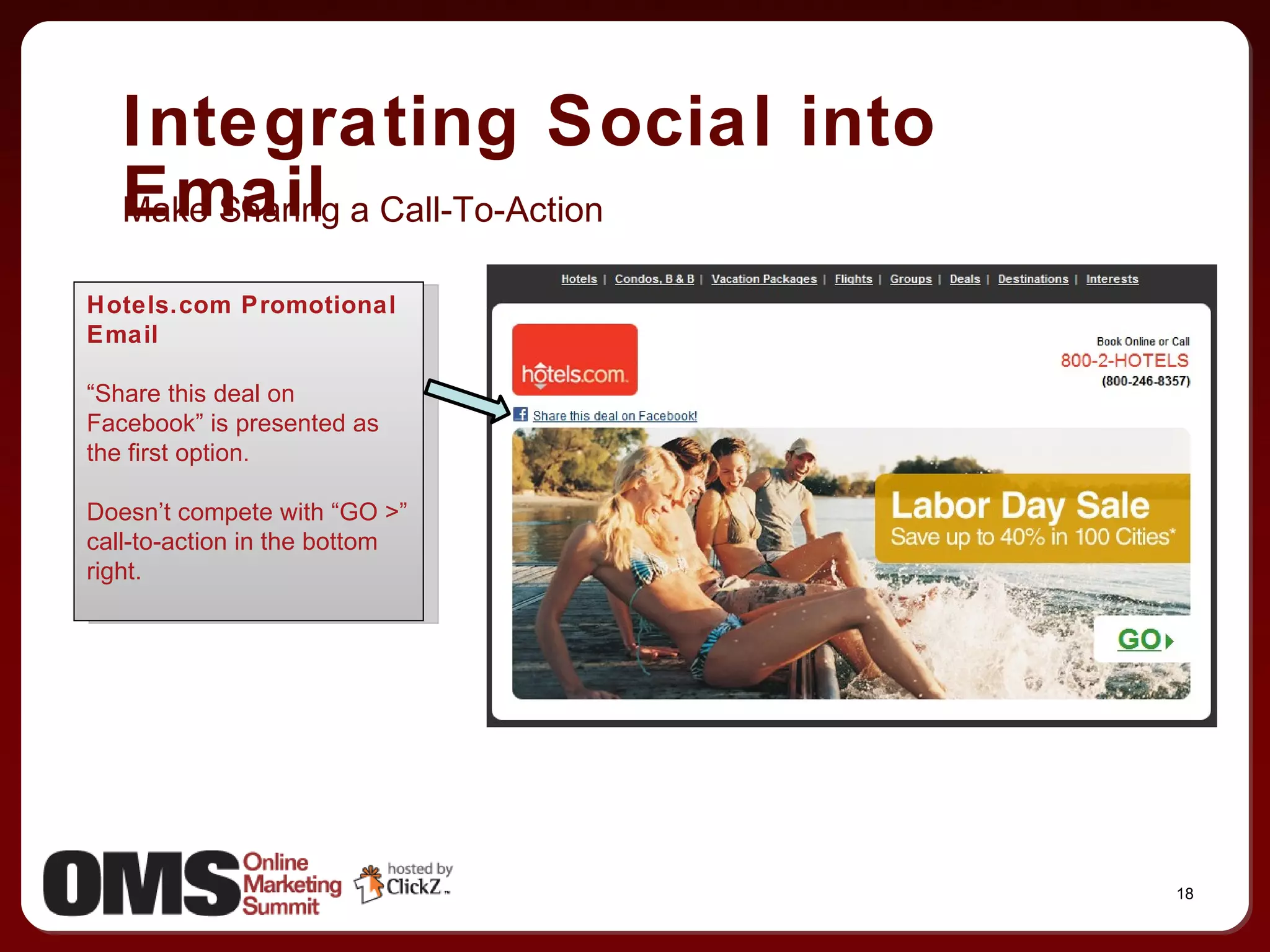 Integrating Social into Email Make Sharing a Call-To-Action Hotels.com Promotional Email “ Share this deal on Facebook” is presented as the first option. Doesn’t compete with “GO >” call-to-action in the bottom right. 