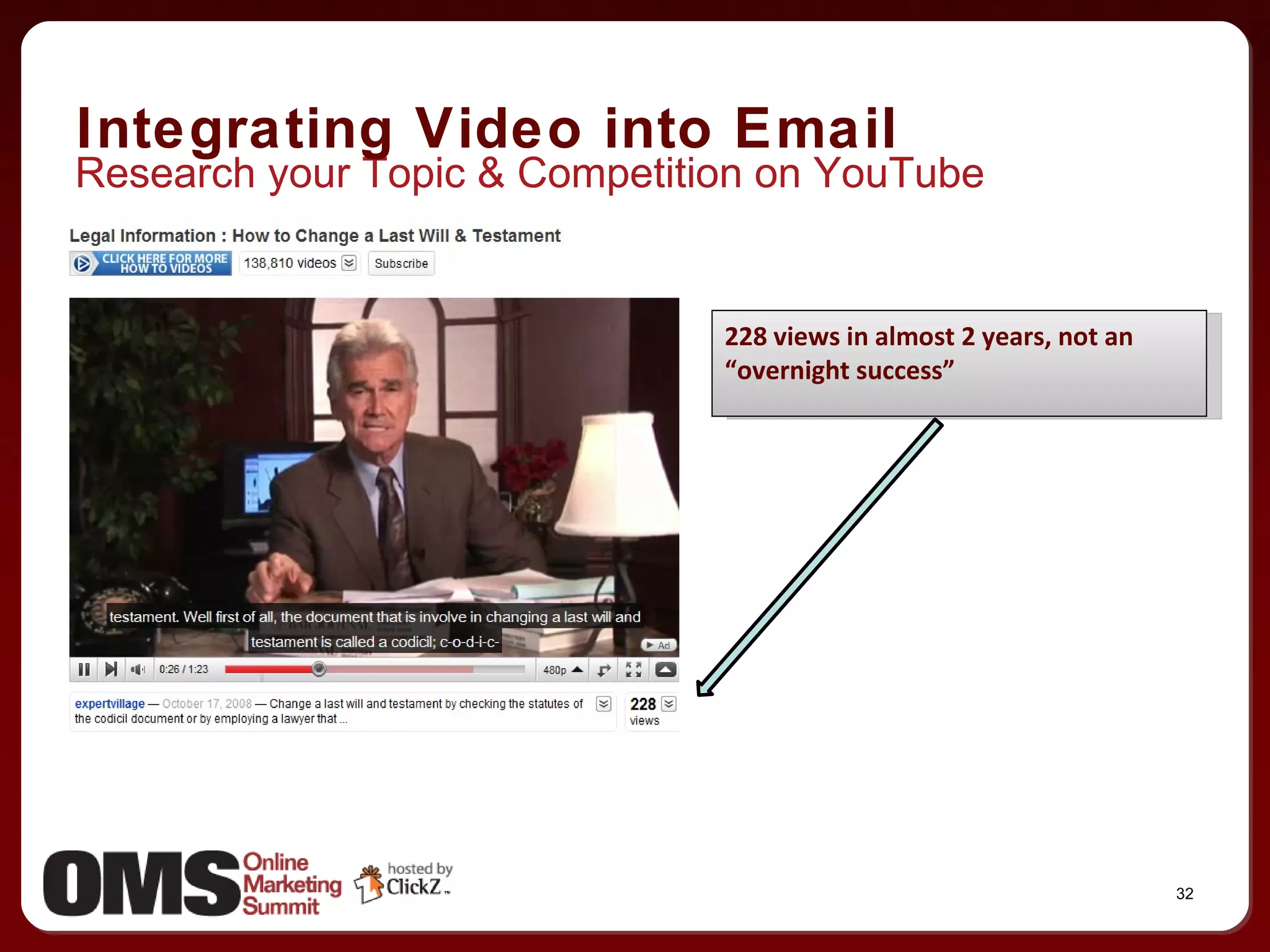 Research your Topic & Competition on YouTube Integrating Video into Email 228 views in almost 2 years, not an “overnight success” 