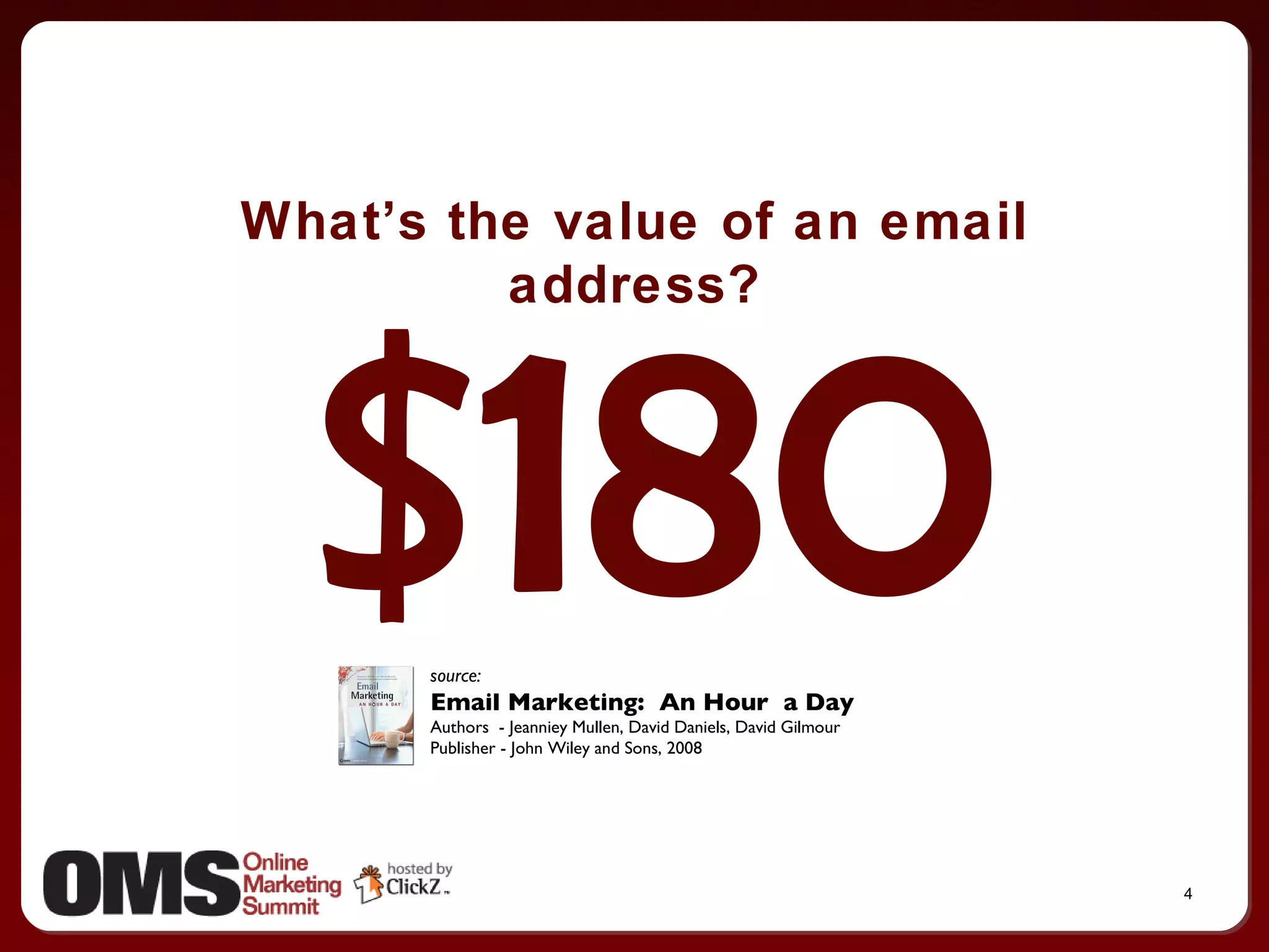 What’s the value of an email address? $180 source: Email Marketing:  An Hour  a Day  Authors  - Jeanniey Mullen, David Daniels, David Gilmour Publisher - John Wiley and Sons, 2008  
