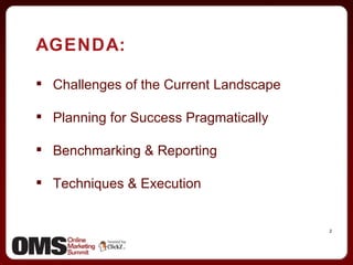 AGENDA: Challenges of the Current Landscape Planning for Success Pragmatically Benchmarking & Reporting Techniques & Execution 