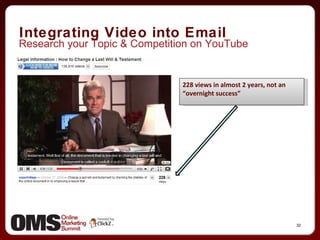 Research your Topic & Competition on YouTube Integrating Video into Email 228 views in almost 2 years, not an “overnight success” 