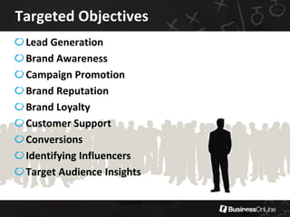Monetization vs. ROIROIFocused on a return on investments via conversions as a result of channeling marketing promotions and participation on Facebook  September 13-15, 200927MonetizationFocused on developing a revenue model via affiliate marketing and third party advertisements on the Facebook platform   