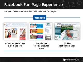 Facebook Fan Page ExperienceSeptember 13-15, 20093Sample of clients we’ve worked with to launch fan pages …Watkins Hot Spring Spas Bumble Bee Food’s BeeWell MilesAmerican Red Cross Blood Donors