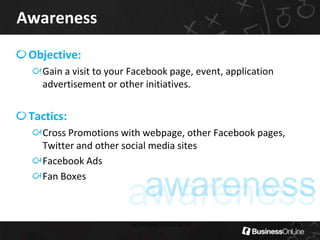 AIDAA Model for Facebook30aGoalsPhasewarenessGet a visitinterestBecome a fandesireEngagementInteractionactionWebsite Visit (referral)Conversion advocacyPromotePublish