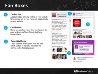 Marketing Collateral Cross PromotionNewslettersInvite fans to talk about articles or share their thoughts on your fan page.Email Blasts Dedicated campaign to your customer base requesting they become a fan. Signage & ReceiptsSubtle reminders of offline collateral.
