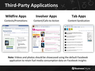 WikipediaIntegrationFan Page Tabs A maximum of 6 tabs can show at a timeTabs 7+ are only accessible via arrow at the right of the tabbed navigationThere are 3 types of tabs which allow for a variety of customization and functionality.1Default TabsTabs 7+23Application TabsFBML Tabs
