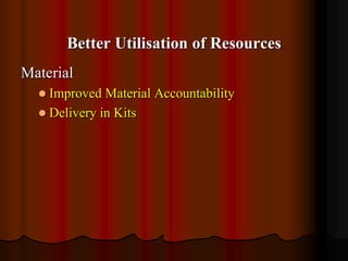 Better Utilisation of Resources
Material
 Improved

Material Accountability
 Delivery in Kits

 