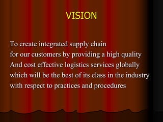 VISION
To create integrated supply chain
for our customers by providing a high quality
And cost effective logistics services globally
which will be the best of its class in the industry
with respect to practices and procedures

 