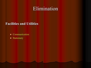 Elimination
Facilities and Utilities



Communication
Stationary

 