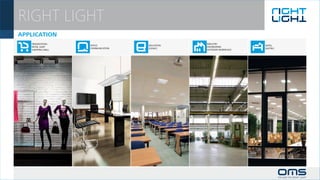 RIGHT LIGHT
APPLICATION
   PRESENTATION                                INDUSTRY
                   OFFICE          EDUCATION                       HOTEL
   RETAIL SHOP                                 ENGINEERING
                   COMMUNICATION   SCIENCE                         GASTRO
   SHOPPING MALL                               OUTDOOR WORKPLACE
 