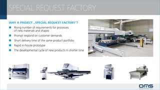 SPECIAL REQUEST FACTORY
WHY A PROJECT „SPECIAL REQUEST FACTORY“?
 	 Rising number of requirements for processes
	 of new materials and shapes
 	 Prompt respond on customer demands
 	 Short delivery time of the same product portfolio
 	 Rapid in-house prototype
 	 The developmental cycle of new products in shorter time
 