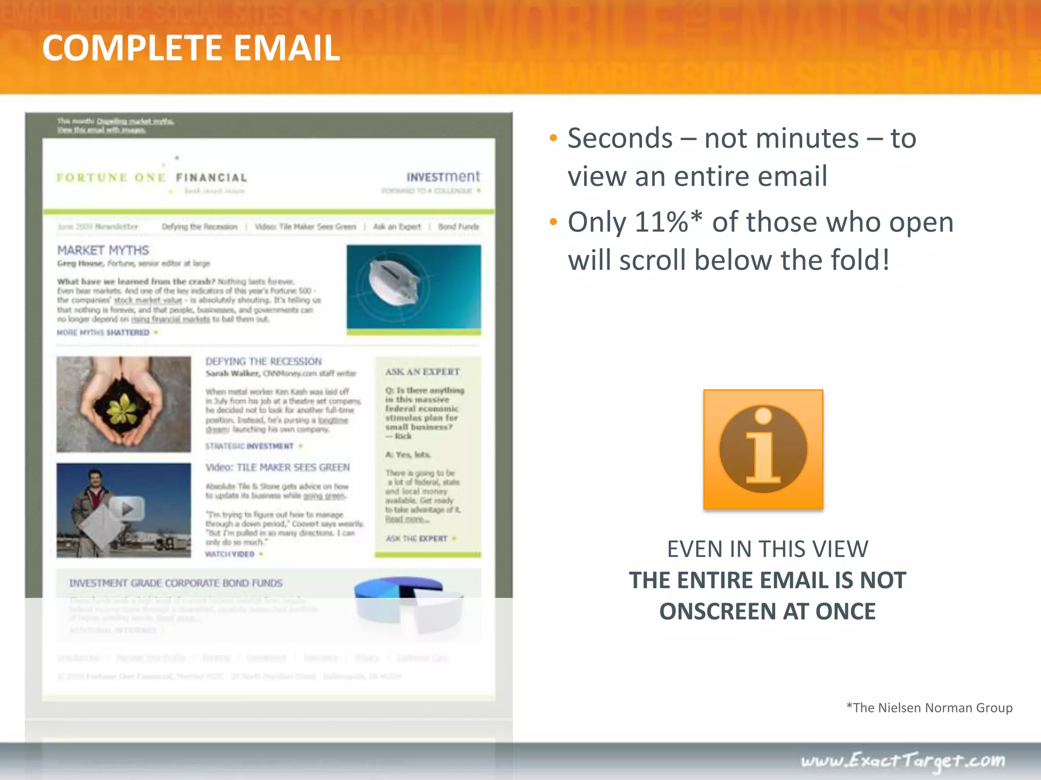 COMPLETE EMAILSeconds – not minutes – to view an entire emailOnly 11%* of those who open will scroll below the fold!EVEN IN THIS VIEWTHE ENTIRE EMAIL IS NOT ONSCREEN AT ONCE*The Nielsen Norman Group