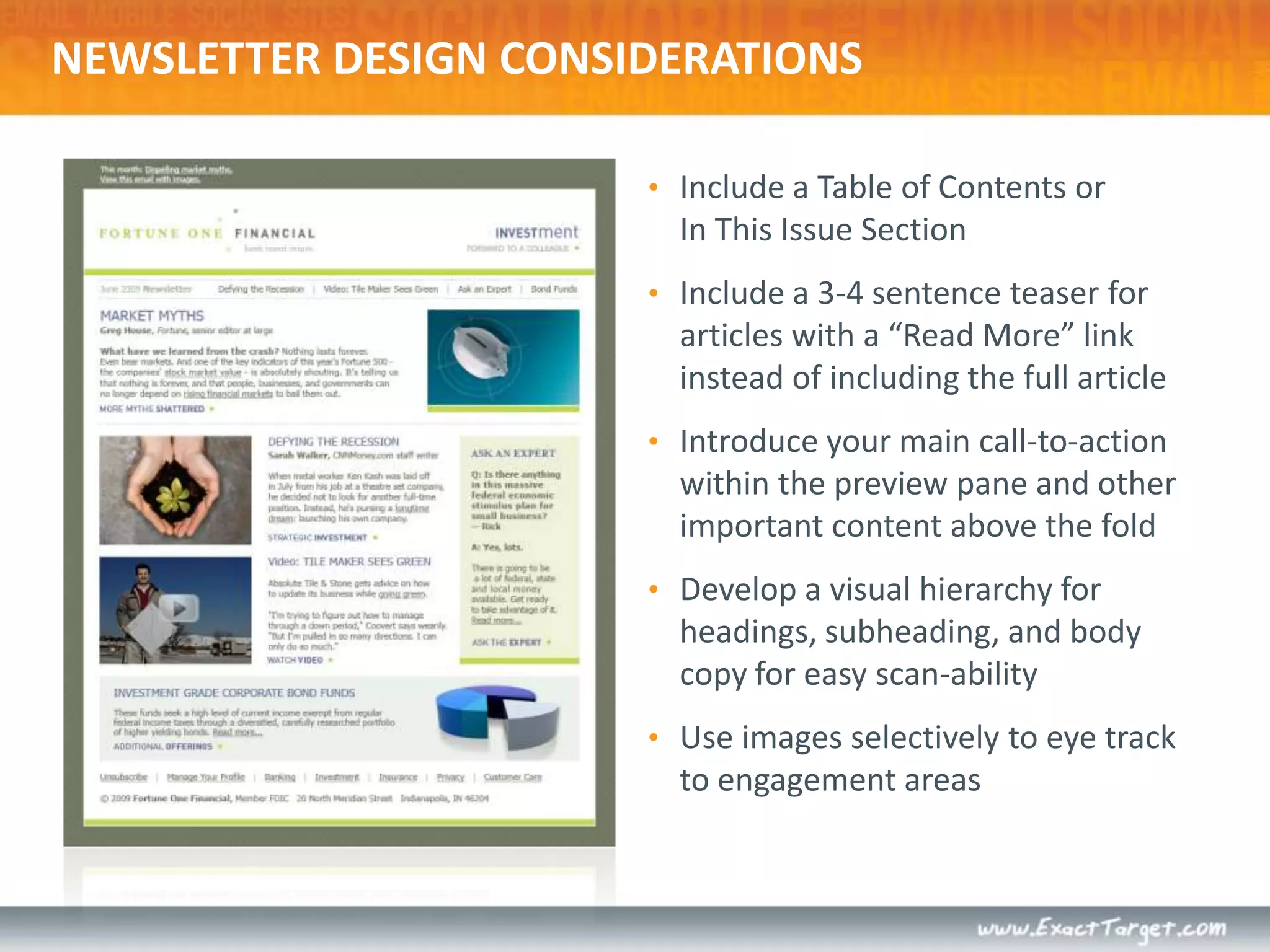 NEWSLETTER DESIGN CONSIDERATIONSInclude a Table of Contents or In This Issue Section