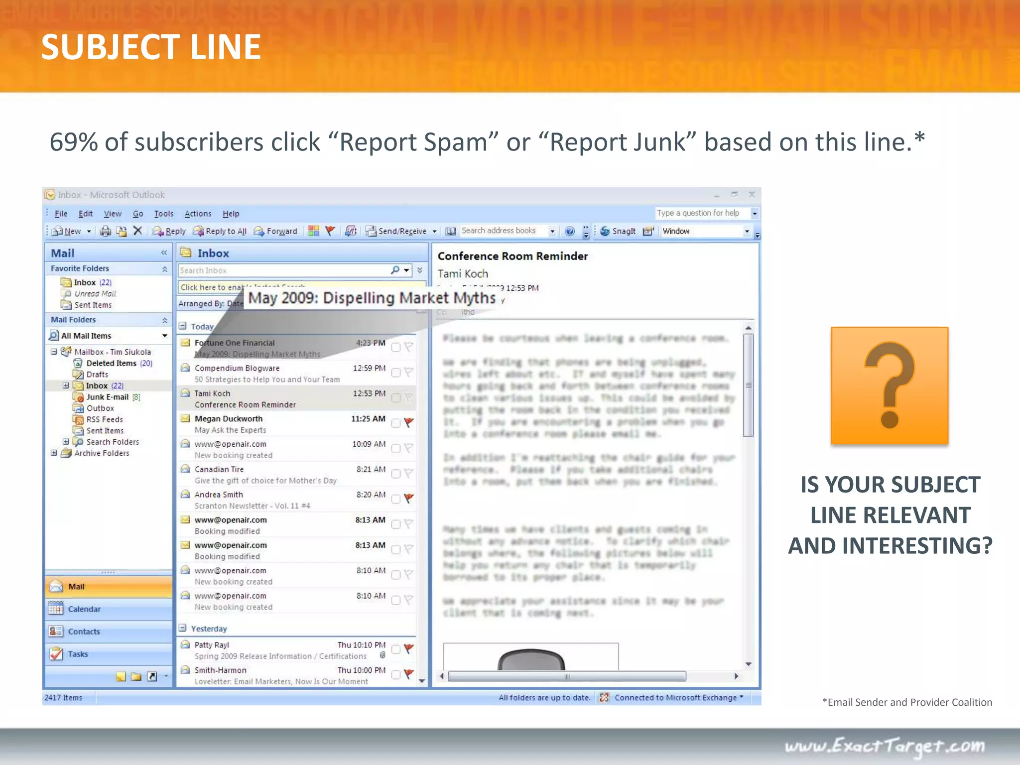 SUBJECT LINE69% of subscribers click “Report Spam” or “Report Junk” based on this line.*IS YOUR SUBJECT LINE RELEVANT AND INTERESTING?*Email Sender and Provider Coalition