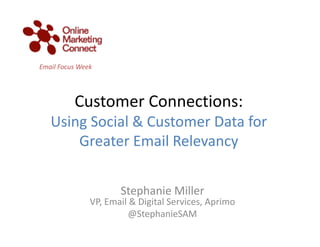 Customer Connections:
Using Social & Customer Data for 
Greater Email Relevancy
Stephanie Miller
VP, Email & Digital Services, Aprimo
@StephanieSAM
Email Focus Week
 
