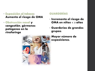 • Exposición al tabaco:
Aumenta el riesgo de OMA
• Obstrucción nasal y
congestión, gérmenes
patógenos en la
rinofaringe
GUARDERÍAS
• Incrementa el riesgo de
OMA en niños < 3 años
• Guarderías de grandes
grupos:
• Mayor número de
exposiciones.
 