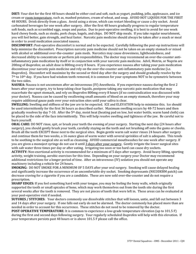 Oms Post Op Instructions | PDF | Dental Health | Diseases and Conditions