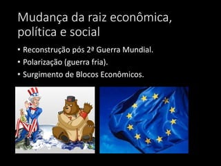 Mudança da raiz econômica,
política e social
• Reconstrução pós 2ª Guerra Mundial.
• Polarização (guerra fria).
• Surgimento de Blocos Econômicos.
 