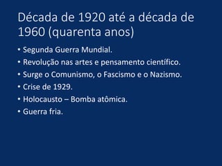 Década de 1920 até a década de
1960 (quarenta anos)
• Segunda Guerra Mundial.
• Revolução nas artes e pensamento científico.
• Surge o Comunismo, o Fascismo e o Nazismo.
• Crise de 1929.
• Holocausto – Bomba atômica.
• Guerra fria.
 