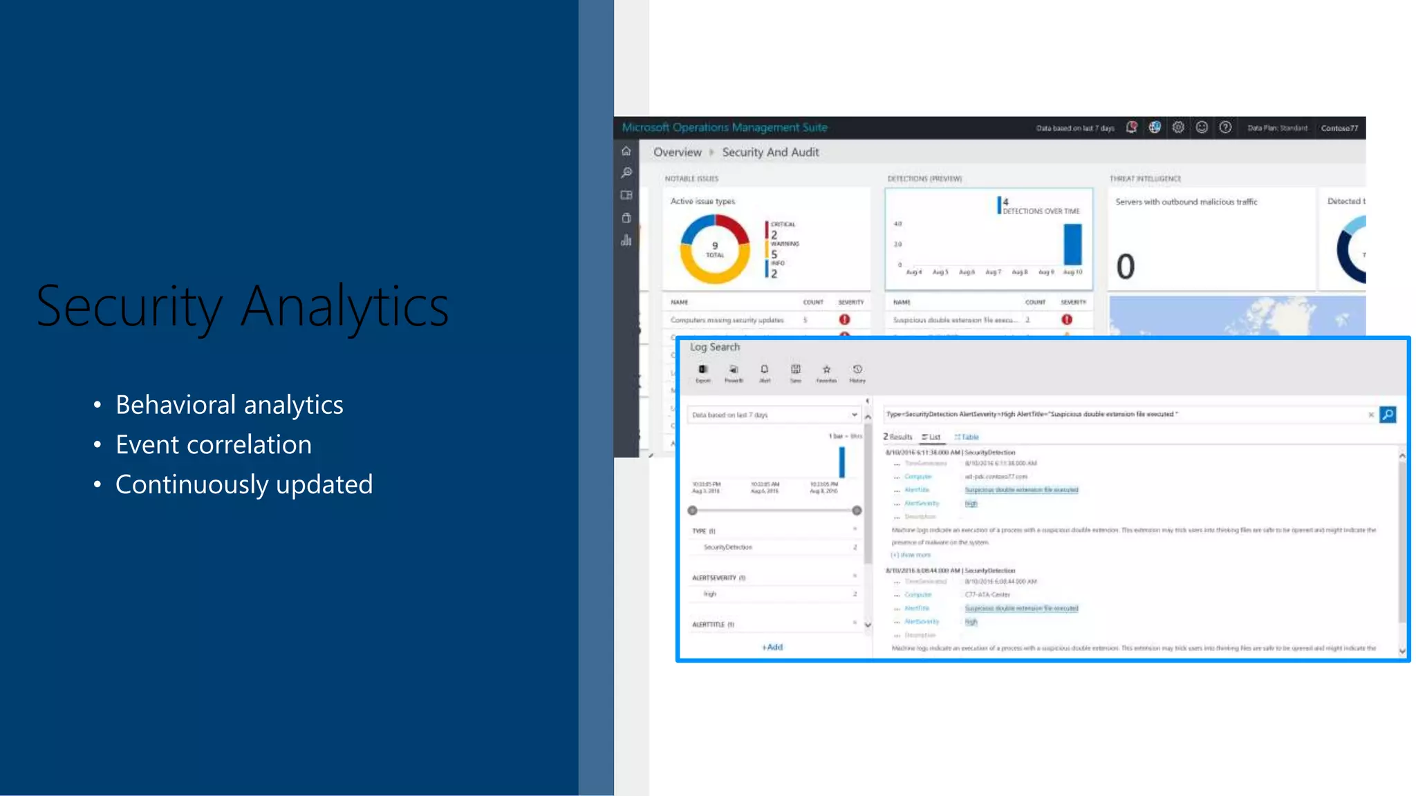 Security Analytics
• Behavioral analytics
• Event correlation
• Continuously updated
 