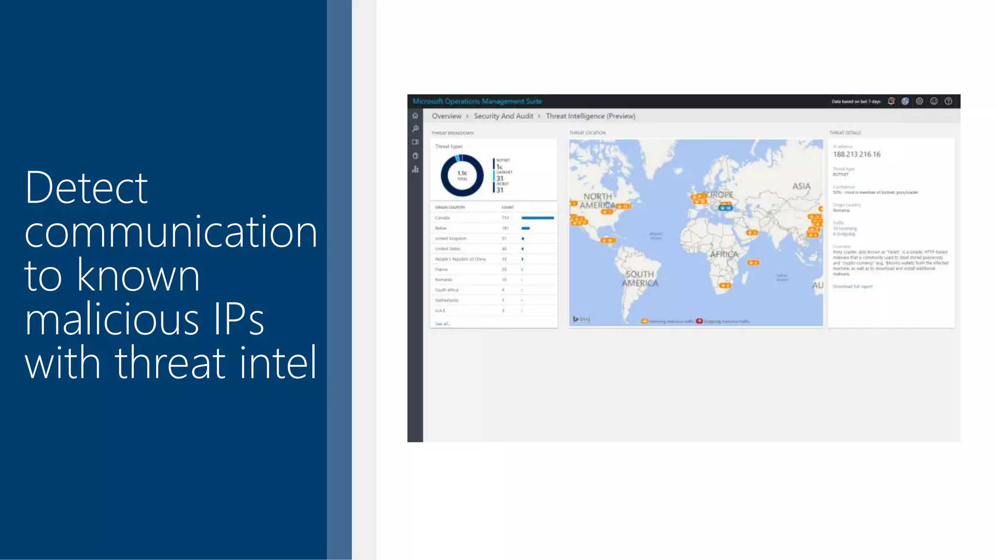 Detect
communication
to known
malicious IPs
with threat intel
 
