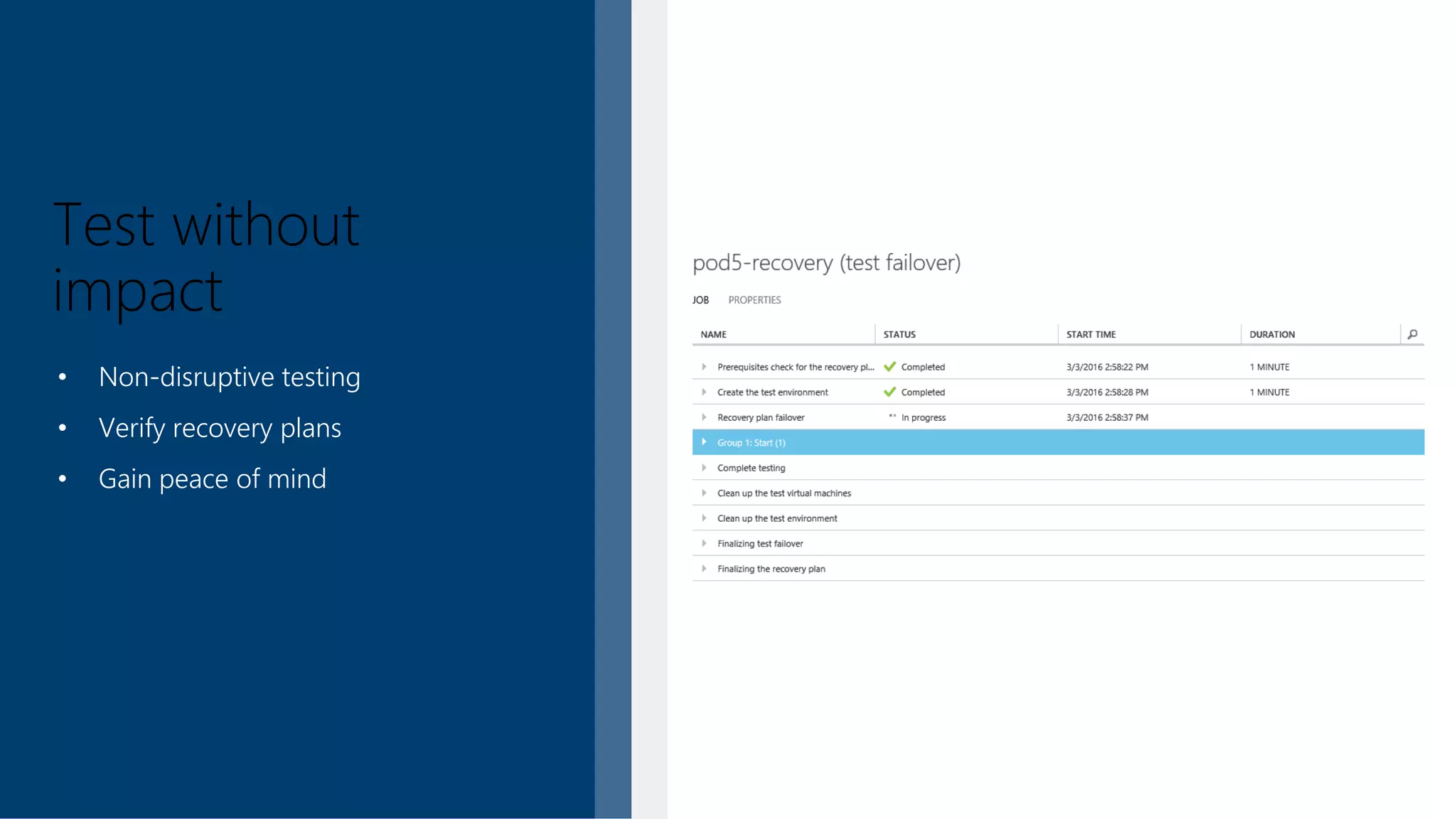 Test without
impact
• Non-disruptive testing
• Verify recovery plans
• Gain peace of mind
 