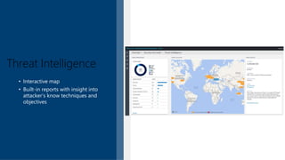 Threat Intelligence
• Interactive map
• Built-in reports with insight into
attacker’s know techniques and
objectives
 