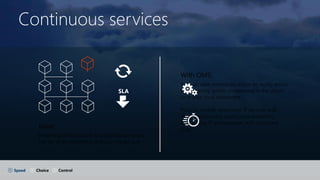Continuous services
Issue:
Resolving infrastructure and application issues
can be time-consuming and can impact SLA.
With OMS:
You can take immediate action to rectify errors
by triggering scripts on demand in the cloud
or in your local datacenter.
You can enable responsive IT services and
deliver continuous application availability
across your IT environment, with improved
SLA.
Speed Choice Control
 