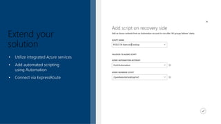 Extend your
solution
• Utilize integrated Azure services
• Add automated scripting
using Automation
• Connect via ExpressRoute
 