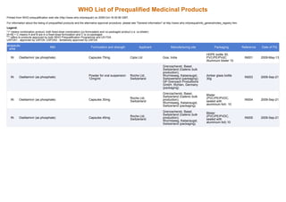 WHO List of Prequalified Medicinal Products
 Printed from WHO prequalification web site (http://www.who.int/prequal/) on 2009-Oct-18 00:56 GMT.

 For information about the listing of prequalified products and the alternative approval procedure, please see "General information" at http://www.who.int/prequal/info_general/notes_registry.htm.
 Legend:
 "+" means combination product, both fixed-dose combination (co-formulated) and co-packaged product (i.e. co-blister)
 [A+B] + C means A and B are in a fixed-dose formulation and C is co-packaged
 "*" refers to products approved by both WHO Prequalification Programme and US FDA
 USFDA1 - approved by USFDA; USFDA2 - tentatively approved by USFDA

Therapeutic                          INN                               Formulation and strength                 Applicant                 Manufacturing site                   Packaging              Reference   Date of PQ
   area
                                                                                                                                                                        HDPE bottle 30;
    IN     Oseltamivir (as phosphate)                                Capsules 75mg                      Cipla Ltd                   Goa, India                          PVC/PE/PVdC                    IN001      2009-May-13
                                                                                                                                                                        Aluminum blister 10
                                                                                                                                    Grenzacherstr, Basel,
                                                                                                                                    Switzerland (Galenic bulk
                                                                                                                                    production);
                                                                     Powder for oral suspension         Roche Ltd,                  Wurmisweg, Kaiseraugst,             Amber glass bottle
    IN     Oseltamivir (as phosphate)                                                                                                                                                                  IN003      2009-Sep-21
                                                                     12mg/ml                            Switzerland                 Switzwerland (packaging);           30g
                                                                                                                                    GP Grenzach Produktions
                                                                                                                                    GmbH, Wyhlen, Germany
                                                                                                                                    (packaging)
                                                                                                                                    Grenzacherstr, Basel,               Blister
                                                                                                                                    Switzerland (Galenic bulk
                                                                                                        Roche Ltd,                                                      (PVC/PE/PVDC,
    IN     Oseltamivir (as phosphate)                                Capsules 30mg                                                  production);                                                       IN004      2009-Sep-21
                                                                                                        Switzerland                                                     sealed with
                                                                                                                                    Wurmisweg, Kaiseraugst,             aluminium foil) 10
                                                                                                                                    Switzerland (packaging)
                                                                                                                                    Grenzacherstr, Basel,               Blister
                                                                                                                                    Switzerland (Galenic bulk
                                                                                                        Roche Ltd,                                                      (PVC/PE/PVDC,
    IN     Oseltamivir (as phosphate)                                Capsules 45mg                                                  production);                                                       IN005      2009-Sep-21
                                                                                                        Switzerland                                                     sealed with
                                                                                                                                    Wurmisweg, Kaiseraugst,             aluminium foil) 10
                                                                                                                                    Switzerland (packaging)
 
