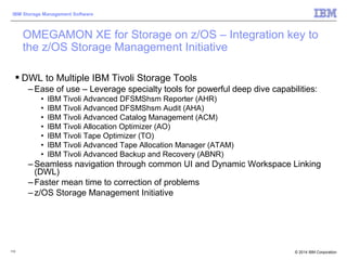 © 2014 IBM Corporation
IBM Storage Management Software
110
 DWL to Multiple IBM Tivoli Storage Tools
– Ease of use – Leverage specialty tools for powerful deep dive capabilities:
• IBM Tivoli Advanced DFSMShsm Reporter (AHR)
• IBM Tivoli Advanced DFSMShsm Audit (AHA)
• IBM Tivoli Advanced Catalog Management (ACM)
• IBM Tivoli Allocation Optimizer (AO)
• IBM Tivoli Tape Optimizer (TO)
• IBM Tivoli Advanced Tape Allocation Manager (ATAM)
• IBM Tivoli Advanced Backup and Recovery (ABNR)
– Seamless navigation through common UI and Dynamic Workspace Linking
(DWL)
– Faster mean time to correction of problems
– z/OS Storage Management Initiative
OMEGAMON XE for Storage on z/OS – Integration key to
the z/OS Storage Management Initiative
 