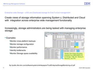 © 2014 IBM Corporation
IBM Storage Management Software
112
Create views of storage information spanning System z, Distributed and Cloud
with integration across enterprise wide management functionality
Increasingly, storage administrators are being tasked with managing enterprise
storage
 Examples:
Monitor cross platform backups
Monitor storage configuration
Monitor performance
Identify bottlenecks
Monitor Storage space availability
Enterprise wide Storage – z/OS and Distributed storage for End-To-End management
Sample View shows information
extracted from OMEGAMON XE
for Storage, TSM, Adv. Backup &
Recovery, and TPC
ftp://public.dhe.ibm.com/software/systemz/whitepapers/TivoliEntepriseStorageMonitoring-v2.pdf
 