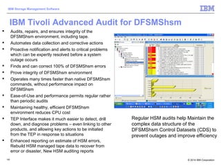© 2014 IBM Corporation
IBM Storage Management Software
120120
IBM Tivoli Advanced Audit for DFSMShsm
 Audits, repairs, and ensures integrity of the
DFSMShsm environment, including tape.
 Automates data collection and corrective actions
 Proactive notification and alerts to critical problems
which can be expertly resolved before a system
outage occurs
 Finds and can correct 100% of DFSMShsm errors
 Prove integrity of DFSMShsm environment
 Operates many times faster than native DFSMShsm
commands, without performance impact on
DFSMShsm
 Ease-of-Use and performance permits regular rather
than periodic audits
 Maintaining healthy, efficient DFSMShsm
environment reduces CPU cost
 TEP Interface makes it much easier to detect, drill
down, and diagnose problems – even linking to other
products, and allowing key actions to be initiated
from the TEP in response to situations
 Enhanced reporting on estimate of HSM errors,
Rebuild HSM managed tape data to recover from
error or disaster, New HSM auditing reports
Regular HSM audits help Maintain the
complex data structure of the
DFSMShsm Control Datasets (CDS) to
prevent outages and improve efficiency
 