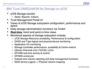 © 2014 IBM Corporation
IBM Storage Management Software
12
IBM Tivoli OMEGAMON for Storage on z/OS
 z/OS Storage monitor
– Alerts, Reports, Actions
 Tivoli Management Portal UI
 Views of z/OS Storage subsystem configuration, performance and
space
 Daily storage administration functions via Toolkit
 Real-time, trend and point-in-time views
 Monitored aspects of storage subsystem include:
– z/OS Storage Resource availability, Performance & configuration
– DASD and Tape logical and physical device monitoring
– Application I/O monitoring
– Storage Controller performance, availability & Cache metrics
– zSeries Channels (incl. FICON), LCUs
– DFHSM real-time activity & control
– DFSMS constructs
– Dataset and volume reporting and daily management functions
– RAID device Logical ↔ Physical volume mapping
 