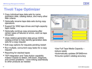 © 2014 IBM Corporation
IBM Storage Management Software
125125
Tivoli Tape Optimizer
 Copy individual tape data sets by name,
expiration date, catalog status, and many other
filter criteria
 Optionally rename tape data sets during copy
operations
 Support for 3592 tape drives and high-capacity
tape media
 Optionally continue copy processing after
certain types of failures or errors, such as tape
I/O errors
 Uses relative generation data group (GDG)
catalog entries to help identify generation data
sets for a copy request
 Edit copy options for requests pending restart
 Run multiple, concurrent copy tasks for a copy
request
 Reporting for stacked tapes
 TEP Integration and Take-Action capability
makes it easier to detect, drill down, diagnose,
and correct problems – even linking seamlessly
to other products as needed
•Use Full Tape Media Capacity –
reduce waste
•Automatically updates DFSMSrmm
•Ensures system catalog accuracy
 