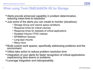 © 2014 IBM Corporation
IBM Storage Management Software
13
When using Tivoli OMEGAMON XE for Storage
 Alerts provide enhanced capability in problem determination,
reducing mean-time to resolution
 Just some of the alerts you can create to monitor (situations):
• Storage Group and volume space conditions
• Response times for critical volumes
• Response times for datasets of critical applications
• Disabled Volume VTOC indexes
• DFSMShsm Queues
• Long tape mounts
• Many more
 Build custom work spaces, specifically addressing problems and the
environment
 Utilize take action to reduce problem resolution time
 Integration of your alerts for faster recognition of critical applications
experiencing slow downs or problems
 Leverage integration and interoperability
 
