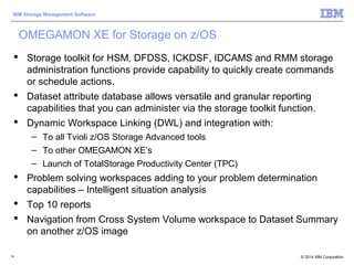 © 2014 IBM Corporation
IBM Storage Management Software
14
OMEGAMON XE for Storage on z/OS
 Storage toolkit for HSM, DFDSS, ICKDSF, IDCAMS and RMM storage
administration functions provide capability to quickly create commands
or schedule actions.
 Dataset attribute database allows versatile and granular reporting
capabilities that you can administer via the storage toolkit function.
 Dynamic Workspace Linking (DWL) and integration with:
– To all Tvioli z/OS Storage Advanced tools
– To other OMEGAMON XE’s
– Launch of TotalStorage Productivity Center (TPC)
 Problem solving workspaces adding to your problem determination
capabilities – Intelligent situation analysis
 Top 10 reports
 Navigation from Cross System Volume workspace to Dataset Summary
on another z/OS image
 