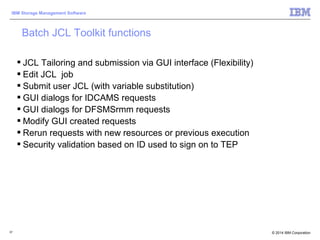 © 2014 IBM Corporation
IBM Storage Management Software
57
 JCL Tailoring and submission via GUI interface (Flexibility)
 Edit JCL job
 Submit user JCL (with variable substitution)
 GUI dialogs for IDCAMS requests
 GUI dialogs for DFSMSrmm requests
 Modify GUI created requests
 Rerun requests with new resources or previous execution
 Security validation based on ID used to sign on to TEP
Batch JCL Toolkit functions
 