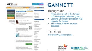 © 2007-2013 WiderFunnel Marketing Inc. | widerfunnel.com/blog
Tweet this: @chrisgoward @omsummit #CRO
Background
• Nurse.com is part of the largest
U.S. newspaper publisher group
• Leading Continuing Education (CE)
provider for nurses
• Thousands of online courses
delivered
The Goal
Unlimited CE subscriptions
 