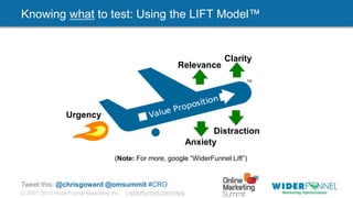 © 2007-2013 WiderFunnel Marketing Inc. | widerfunnel.com/blog
Tweet this: @chrisgoward @omsummit #CRO
Knowing what to test: Using the LIFT Model™
(Note: For more, google “WiderFunnel Lift”)
TM
Relevance
Clarity
Anxiety
Distraction
Urgency
 