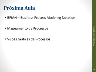 Próxima Aula
• BPMN – Business Process Modeling Notation
• Mapeamento de Processos
• Visões Gráficas de Processos
Professor
Euller
Barros
26
 