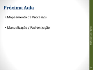 Próxima Aula
• Mapeamento de Processos
• Manualização / Padronização
Professor
Euller
Barros
31
 