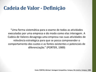 Cadeia de Valor - Definição


   “Uma forma sistemática para o exame de todas as atividades
 executadas por uma empresa e do modo como elas interagem. A
 Cadeia de Valores desagrega uma empresa nas suas atividades de
     relevância estratégica para que se possa compreender o
 comportamento dos custos e as fontes existentes e potenciais de
                  diferenciação.” (PORTER, 1989)




                      Fonte: PORTER, Michael. Vantagem Competitiva. Campus, Rio Janeiro, Campus, 1989.
 