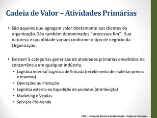 Cadeia de Valor – Atividades Primárias
• São aqueles que agregam valor diretamente aos clientes da
  organização. São também denominados “processos fim”. Sua
  natureza e quantidade variam conforme o tipo de negócio da
  Organização.

• Existem 5 categorias genéricas de atividades primárias envolvidas na
  concorrência em qualquer indústria.
  • Logística interna/ Logística de Entrada (recebimento de matérias-primas
    e insumos)
  • Operações ou Produção
  • Logística externa ou Expedição de produtos (distribuição)
  • Marketing e Vendas
  • Serviços Pós-Venda


                                        FNQ – Fundação Nacional da Qualidade – Caderno Processos
 