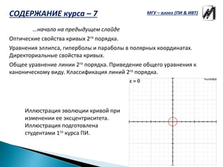 …начало на предыдущем слайде
Оптические свойства кривых 2го порядка.
Уравнения эллипса, гиперболы и параболы в полярных координатах.
Директориальные свойства кривых.
Общее уравнение линии 2го порядка. Приведение общего уравнения к
каноническому виду. Классификация линий 2го порядка.
Иллюстрация эволюции кривой при
изменении ее эксцентриситета.
Иллюстрация подготовлена
студентами 1го курса ПИ.
МГУ – алгео (ПИ & ИВТ)СОДЕРЖАНИЕ курса – 7
 