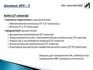 АлГео (1й семестр)
• изучается параллельно с дисциплинами
o Математический анализ (1й и 2й семестры);
o Физика (1й и 2й семестры);
• предшествует дисциплинам
o Дискретная математика (2й семестр);
o Теория вероятностей и математическая статистика (3й семестр)
o Теория игр и исследование операций (5й семестр)
o Вычислительная математика (5й семестр)
o Некоторым дисциплинам профессионального цикла (3й–8й семестры)
(Указано для направления ПИ, учебный план
направления ИВТ несколько отличается)
МГУ – алгео (ПИ & ИВТ)Целевые ЗУН – 2
 