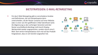 BIETSTRATEGIEN: E-MAIL-RETARGETING
 Für das E-Mail-Retargeting gibt es verschiedene Ansätze
und Definitionen, die sich beispielsweise darin
unterscheiden, ob der Nutzer zunächst auf einer Website
oder in einer von ihm geöffneten E-Mail identifiziert wird.
Als Abgrenzung zu den vorherigen Varianten wird der
Nutzer anschließend allerdings nicht durch Display-
Werbemittel wieder angesprochen, sondern durch eine E-
Mail. Dort wird er beispielsweise noch mal auf das Produkt
hingewiesen, dass er sich kürzlich angesehen hat.
 
