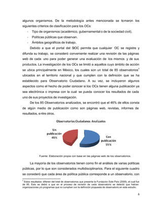6
algunos organismos. De la metodología antes mencionada se tomaron los
siguientes criterios de clasificación para los OCs:
- Tipo de organismos (académico, gubernamental o de la sociedad civil).
- Políticas públicas que observan.
- Ámbitos geográficos de trabajo.
Debido a que el portal del SIOC permite que cualquier OC se registre y
difunda su trabajo, se consideró conveniente realizar una revisión de las páginas
web de cada uno para poder generar una evaluación de los mismos y de sus
productos. La investigación de los OCs se limitó a aquellos cuyo ámbito de acción
se ubica principalmente en México, los cuales son un total de 85 observatorios7
ubicados en el territorio nacional y que cumplen con la definición que se ha
establecido para Observatorio Ciudadano. A su vez, se incluyeron algunos
aspectos como el hecho de poder conocer si los OCs tienen alguna publicación ya
sea electrónica o impresa con la cual se pueda conocer los resultados de cada
uno de sus proyectos de investigación.
De los 85 Observatorios analizados, se encontró que el 46% de ellos consta
de algún medio de publicación como son páginas web, revistas, informes de
resultados, entre otros.
Fuente: Elaboración propia con base en las páginas web de los observatorios.
La mayoría de los observatorios tienen como fin el análisis de varias políticas
públicas, por lo que son considerados multidisciplinarios. Para el siguiente cuadro
se consideró que cada área de política pública corresponde a un observatorio, con
7
Estos resultados difieren del total de observatorios que presenta la Fundación Este País (2009), el cual fue
de 95. Esto se debió a que en el proceso de revisión de cada observatorio se detectó que habían
organizaciones y/o programas que no cumplían con la definición propuesta de observatorio en este estudio.
 